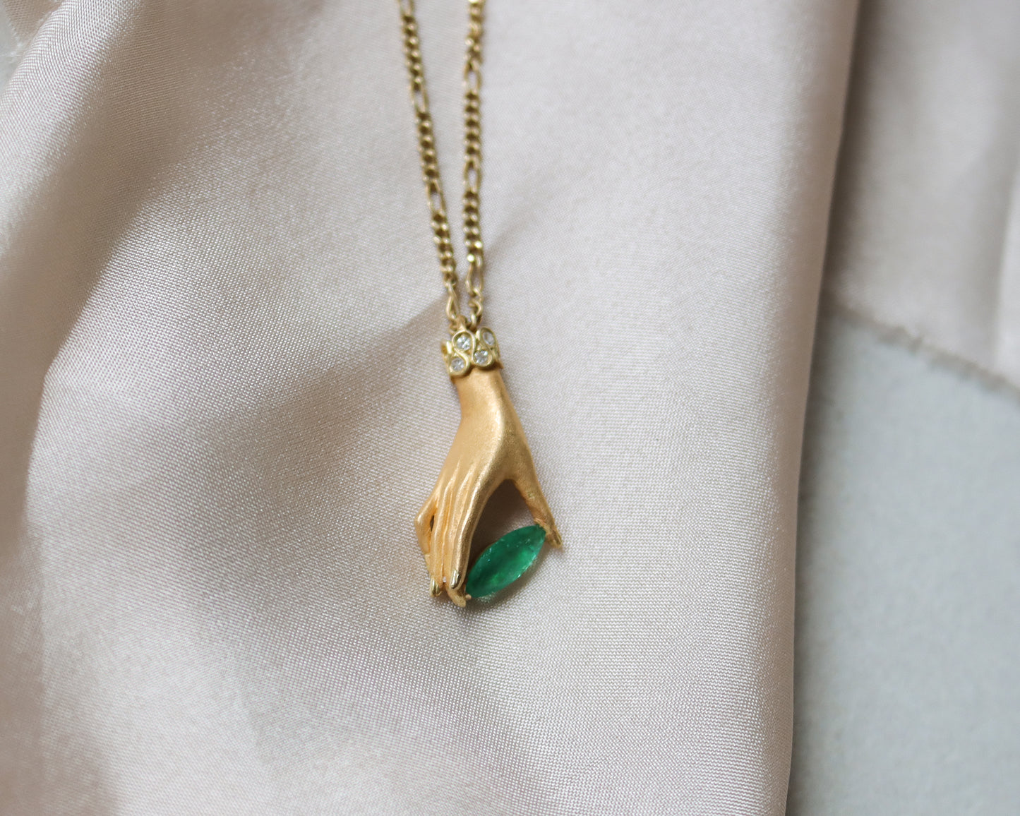18ct gold Carrera y Carrera emerald and diamond hand pendant necklace