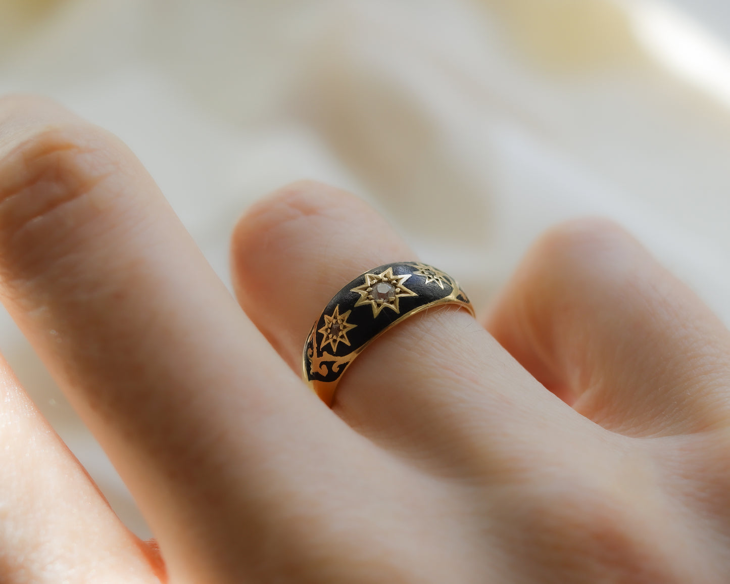 Late Victorian 18ct Gold Diamond & Enamel Mourning Ring - 1989