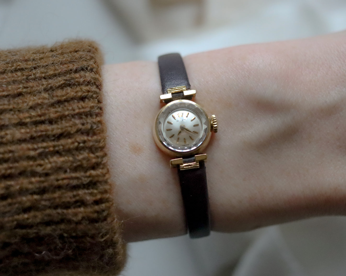 18ct gold Rolex Orchid brown leather watch - late 1960's