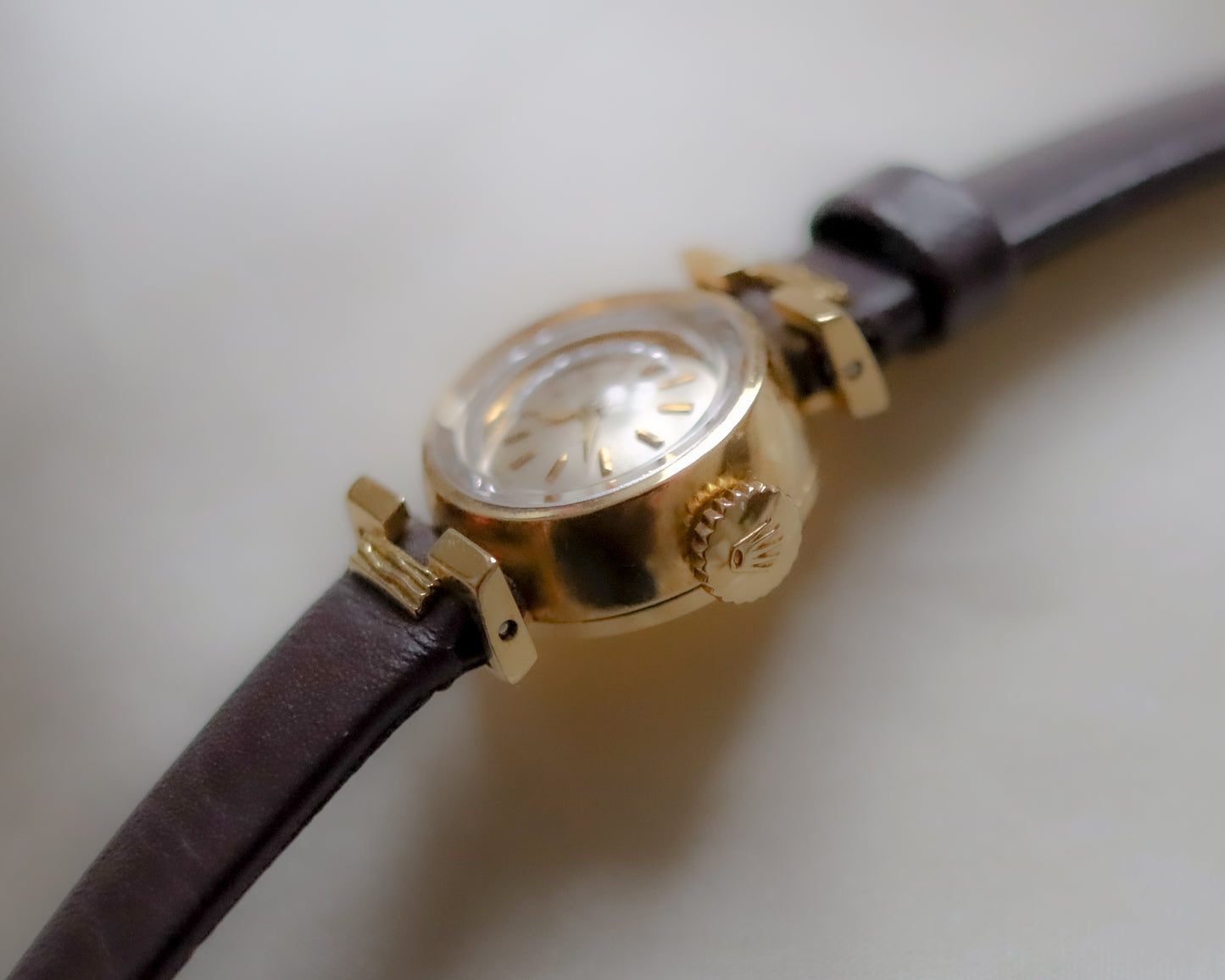 18ct gold Rolex Orchid brown leather watch - late 1960's