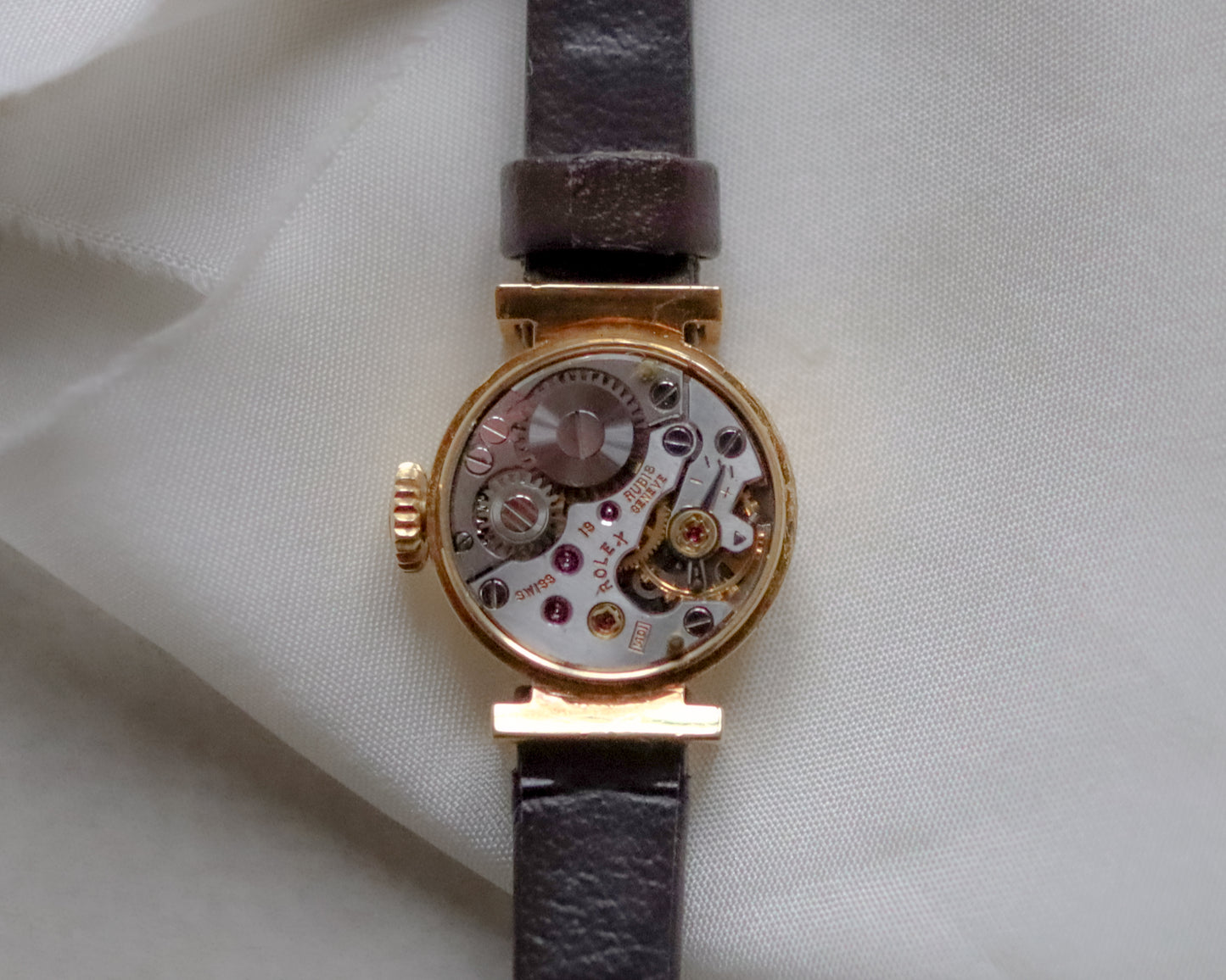 18ct gold Rolex Orchid brown leather watch - late 1960's
