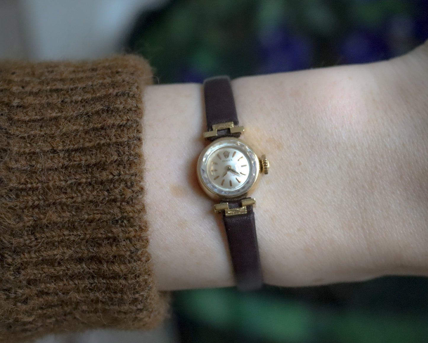 18ct gold Rolex Orchid brown leather watch - late 1960's