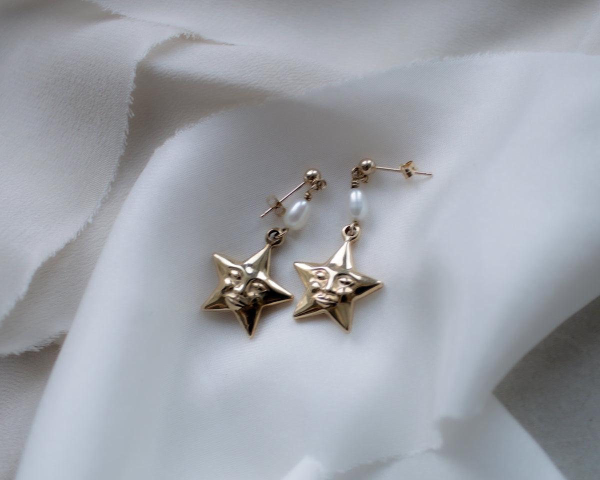 Vintage 9ct Gold Celestial Star & Pearl Drop Earrings