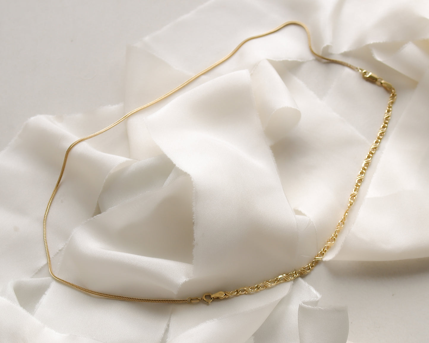 9ct yellow gold fancy link chain and foxtail link chain coupling