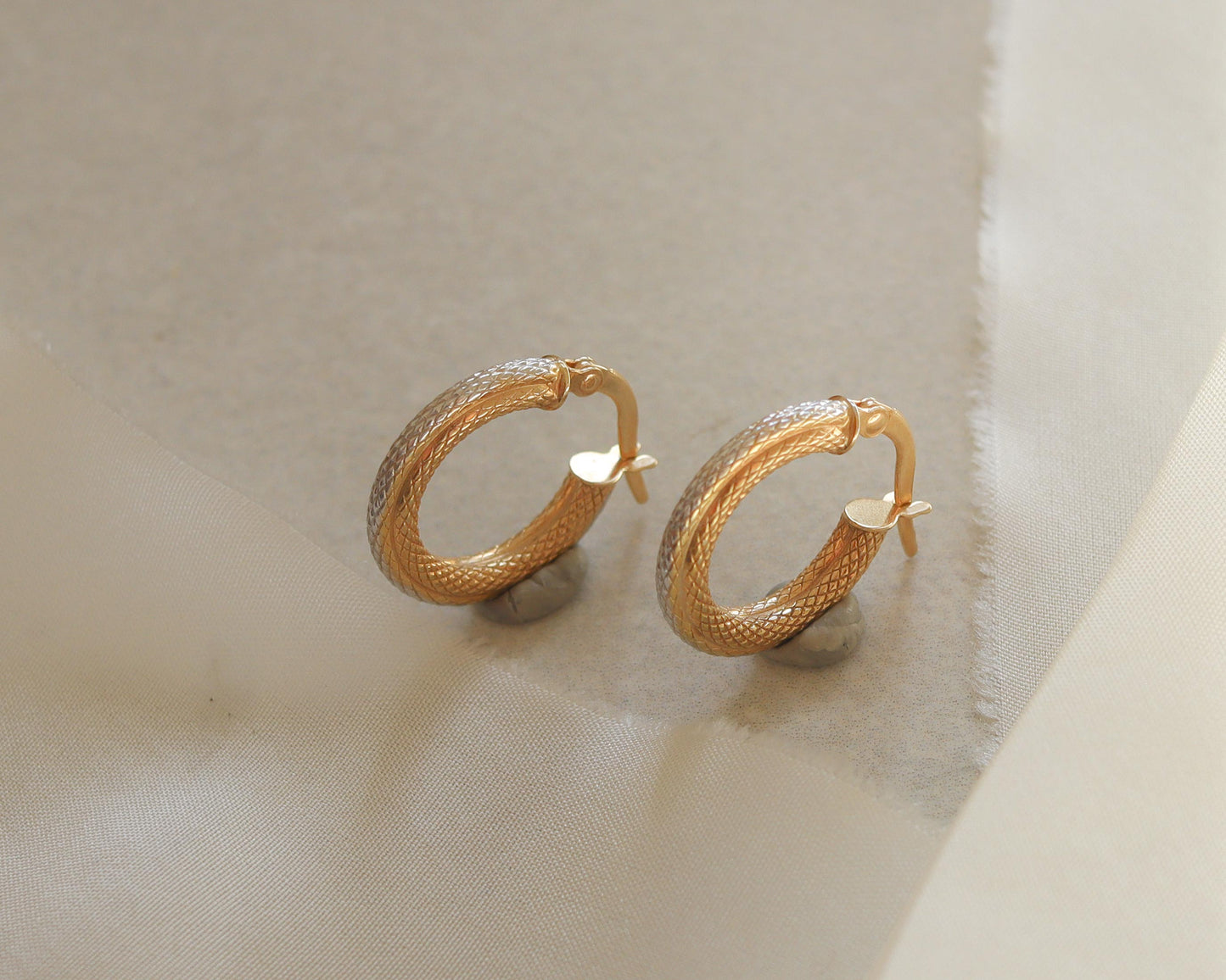 bicolour snakeskin texture hoop earrings in 9ct gold
