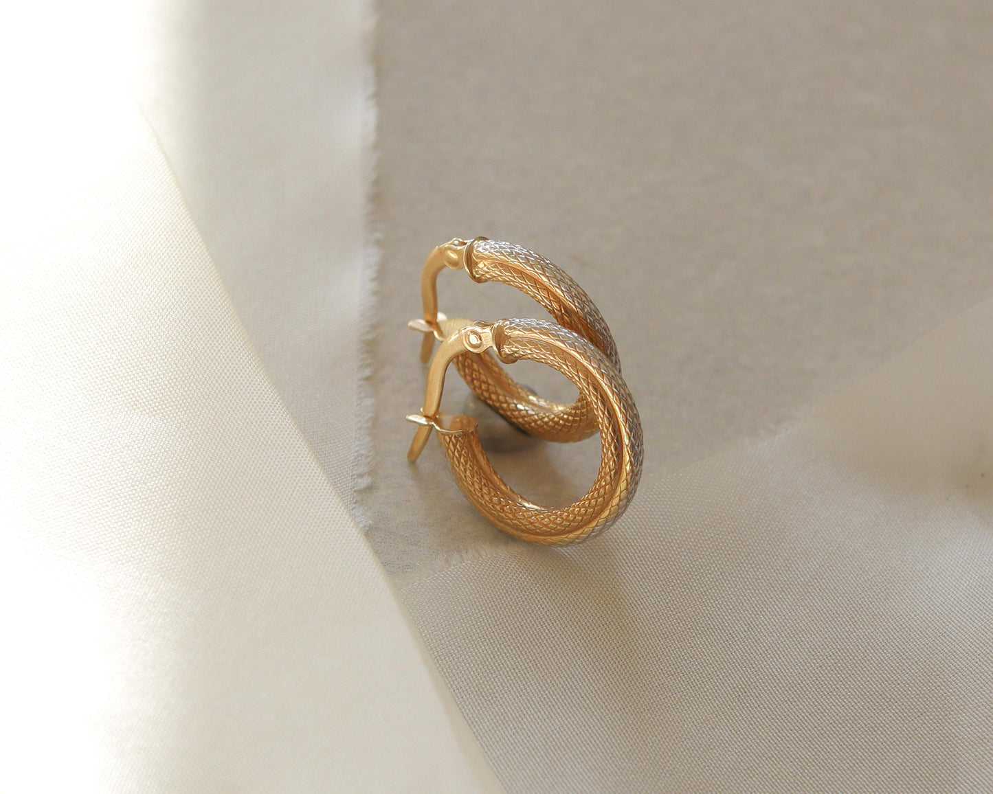 bicolour snakeskin texture hoop earrings in 9ct gold