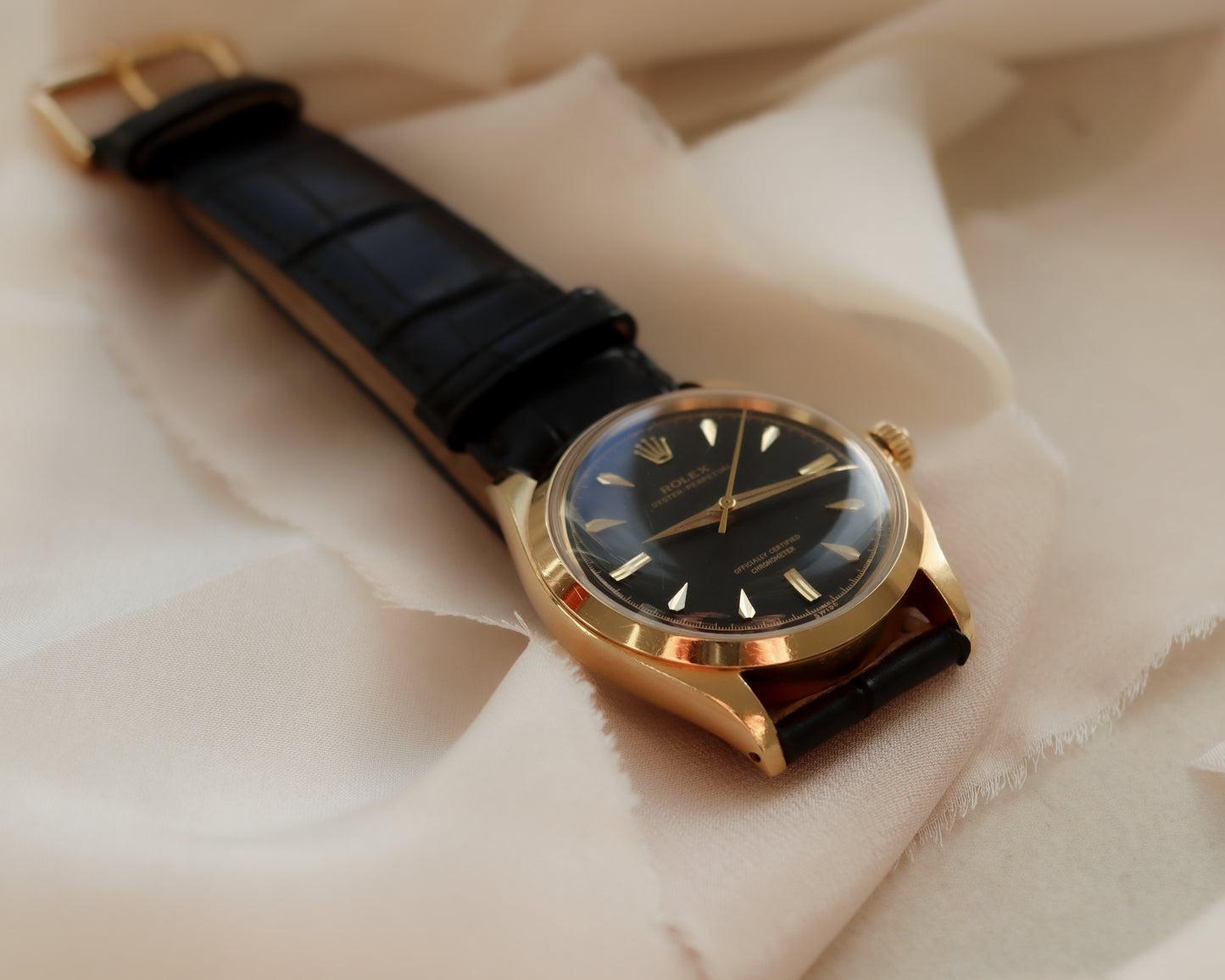 Collectors piece Rolex Oyster Perpetual in 14ct Yellow Gold with Black Gilt Dial - mid 1950's