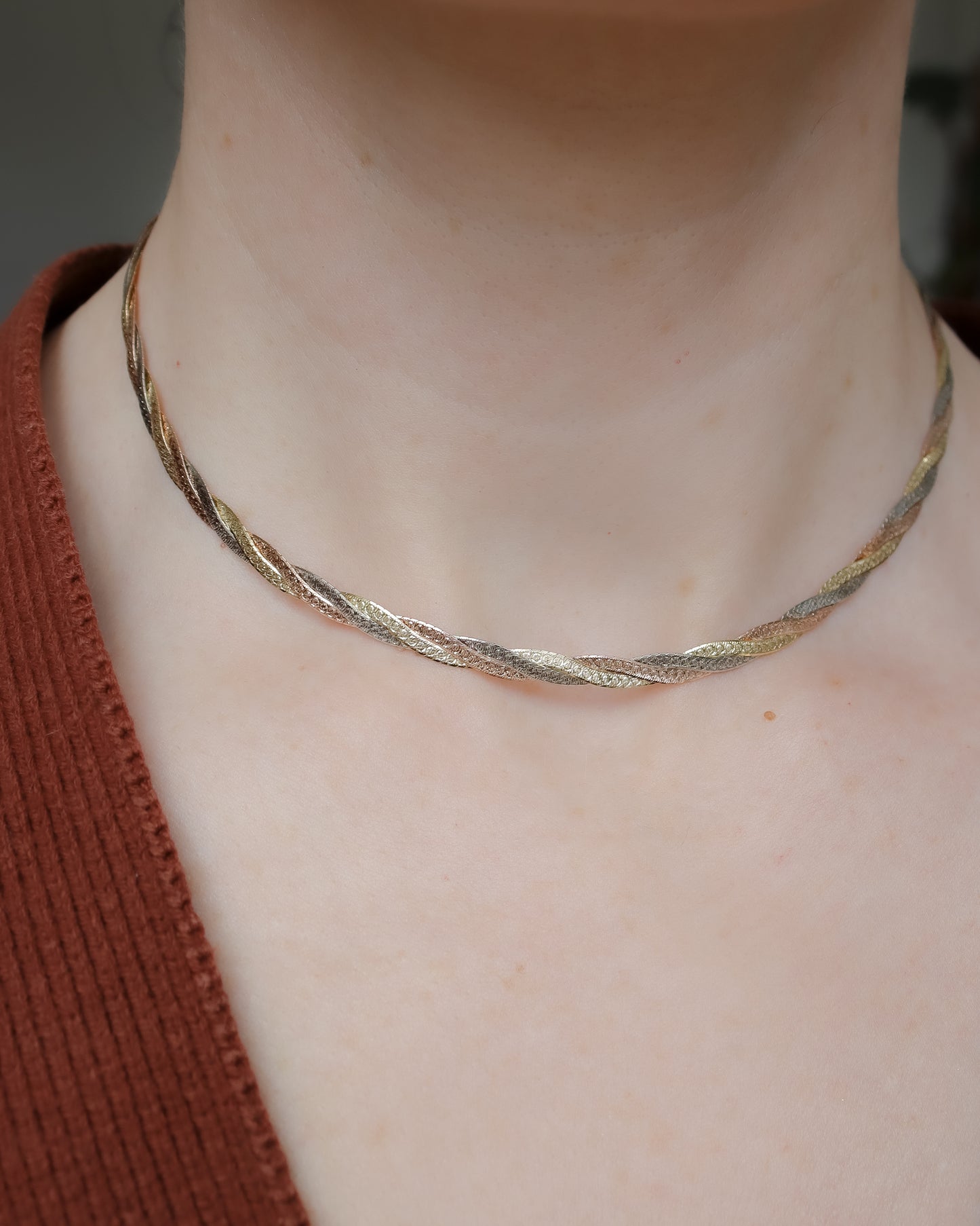 Vintage Italian 14ct Tri-Colour Gold Lattice Twist Necklace
