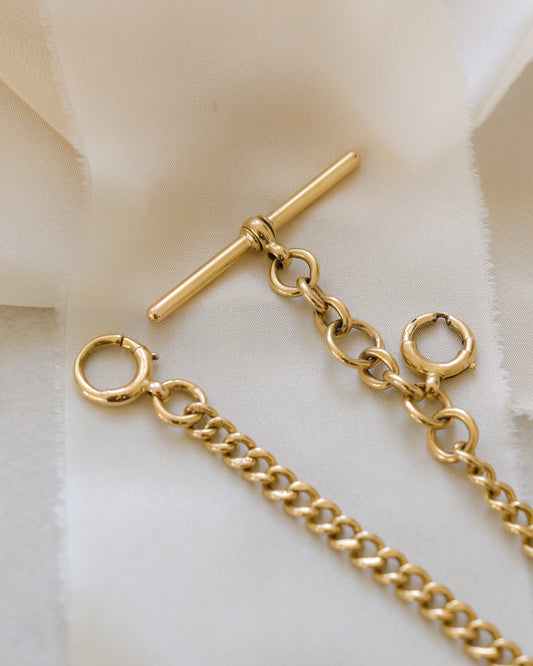 18ct yellow gold heavy curb Albert chain with T-bar and bolt rings