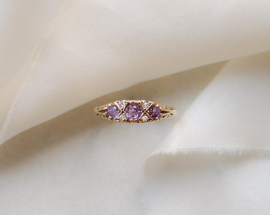 9ct gold vintage amethyst and diamond dress ring UK P 1/2