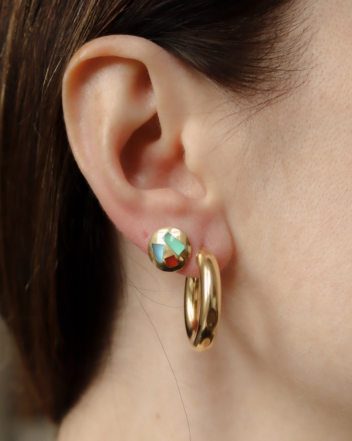 18ct Gold Gemstone Inlayed Geometric Disc Earrings