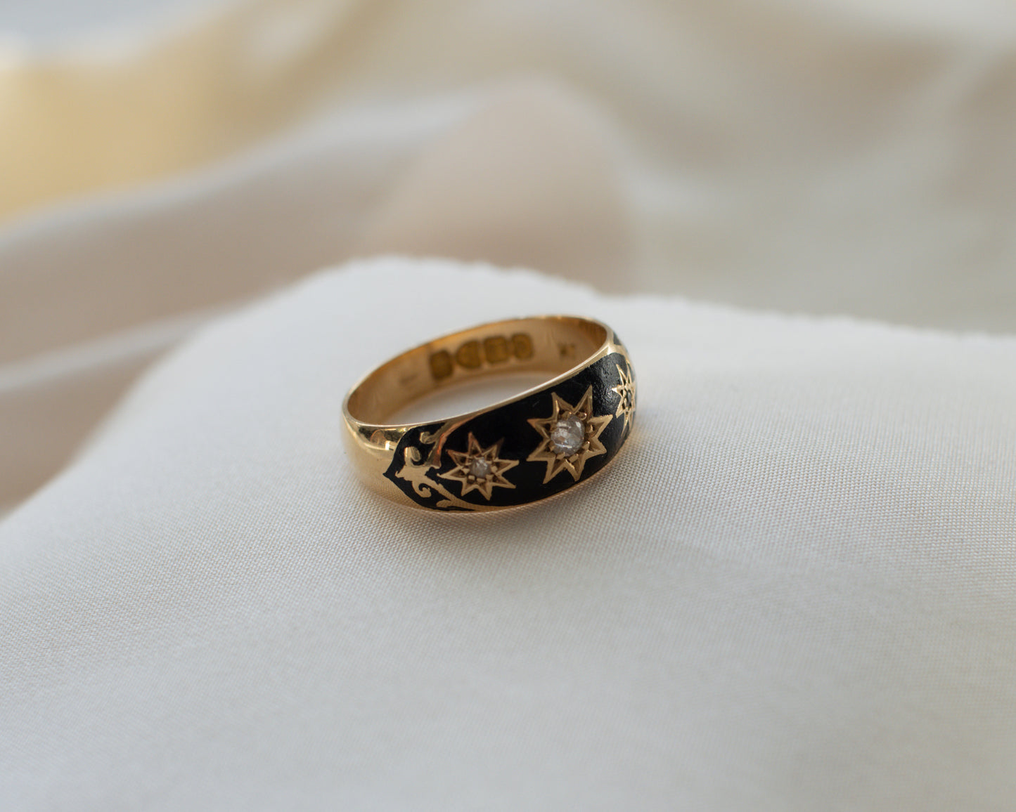 Late Victorian 18ct Gold Diamond & Enamel Mourning Ring - 1989