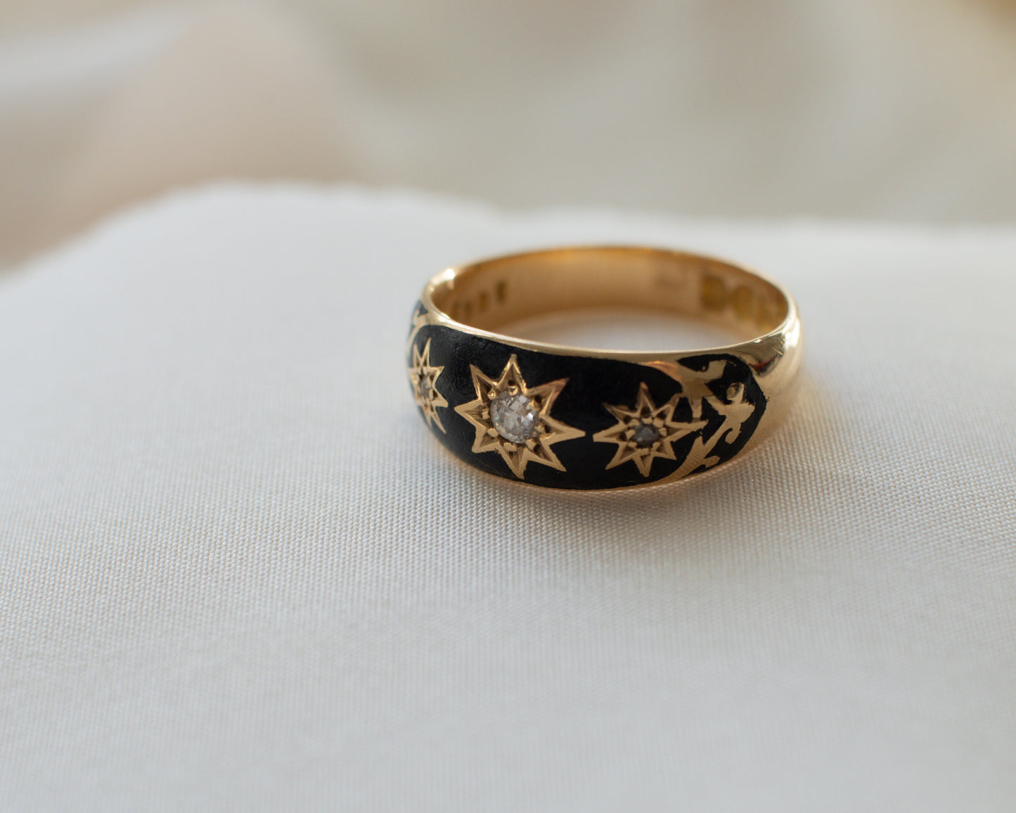 Late Victorian 18ct Gold Diamond & Enamel Mourning Ring - 1989