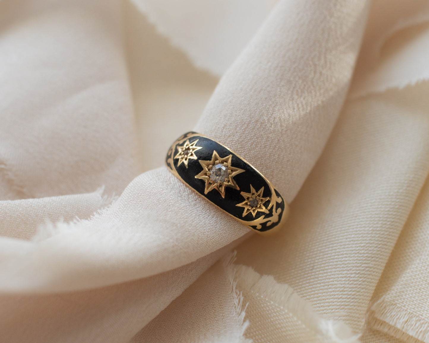 Late Victorian 18ct Gold Diamond & Enamel Mourning Ring - 1989