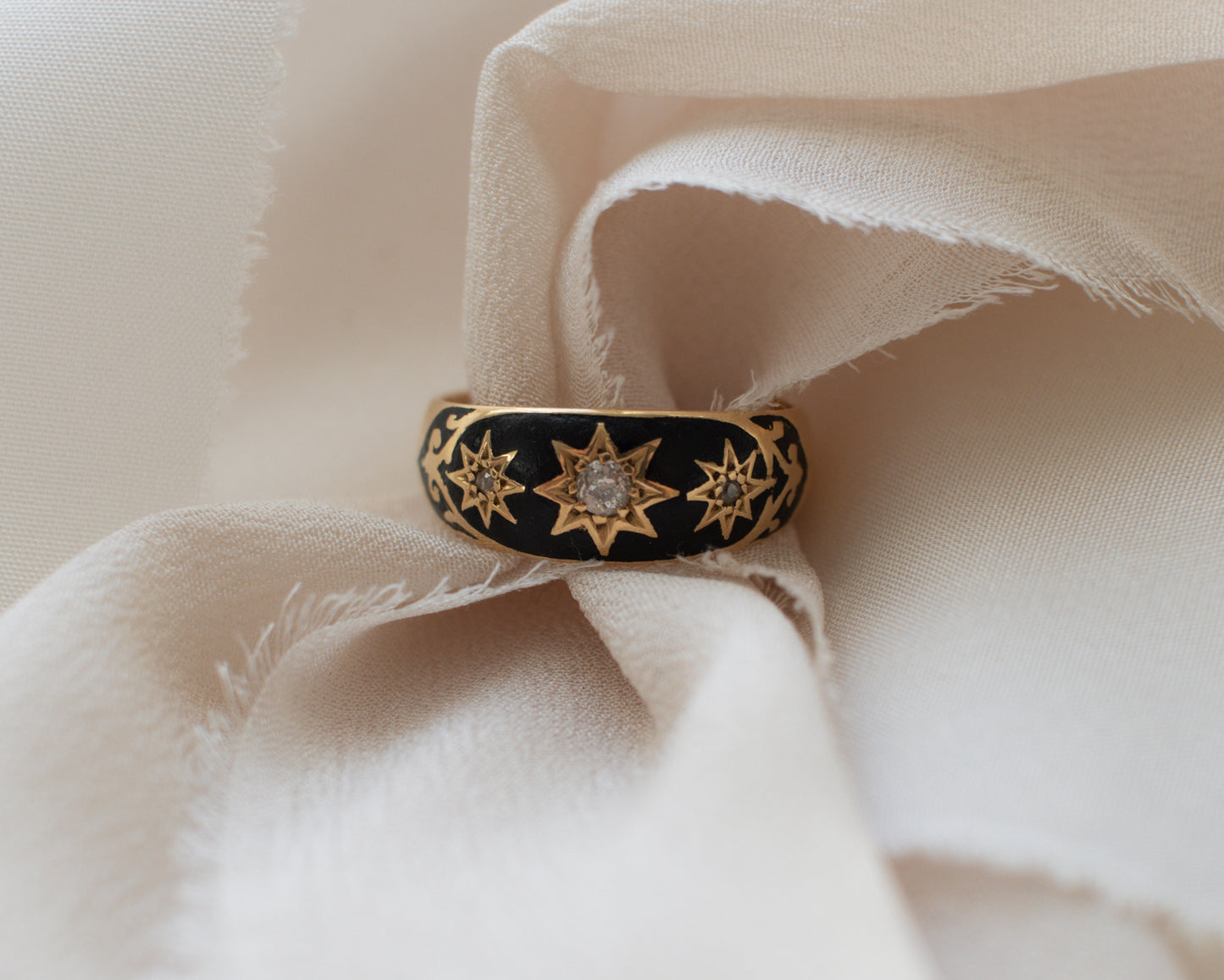 Late Victorian 18ct Gold Diamond & Enamel Mourning Ring - 1989