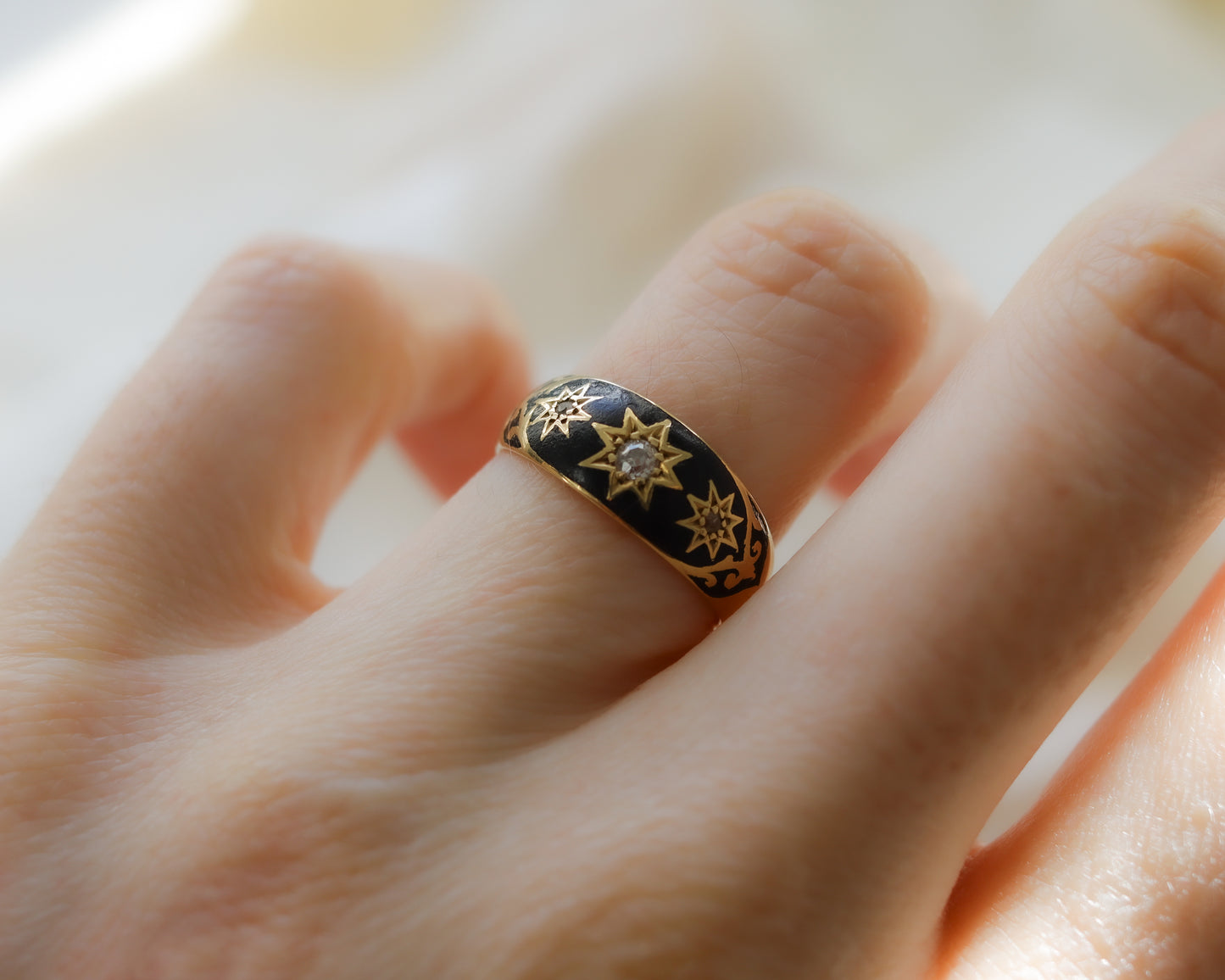 Late Victorian 18ct Gold Diamond & Enamel Mourning Ring - 1989