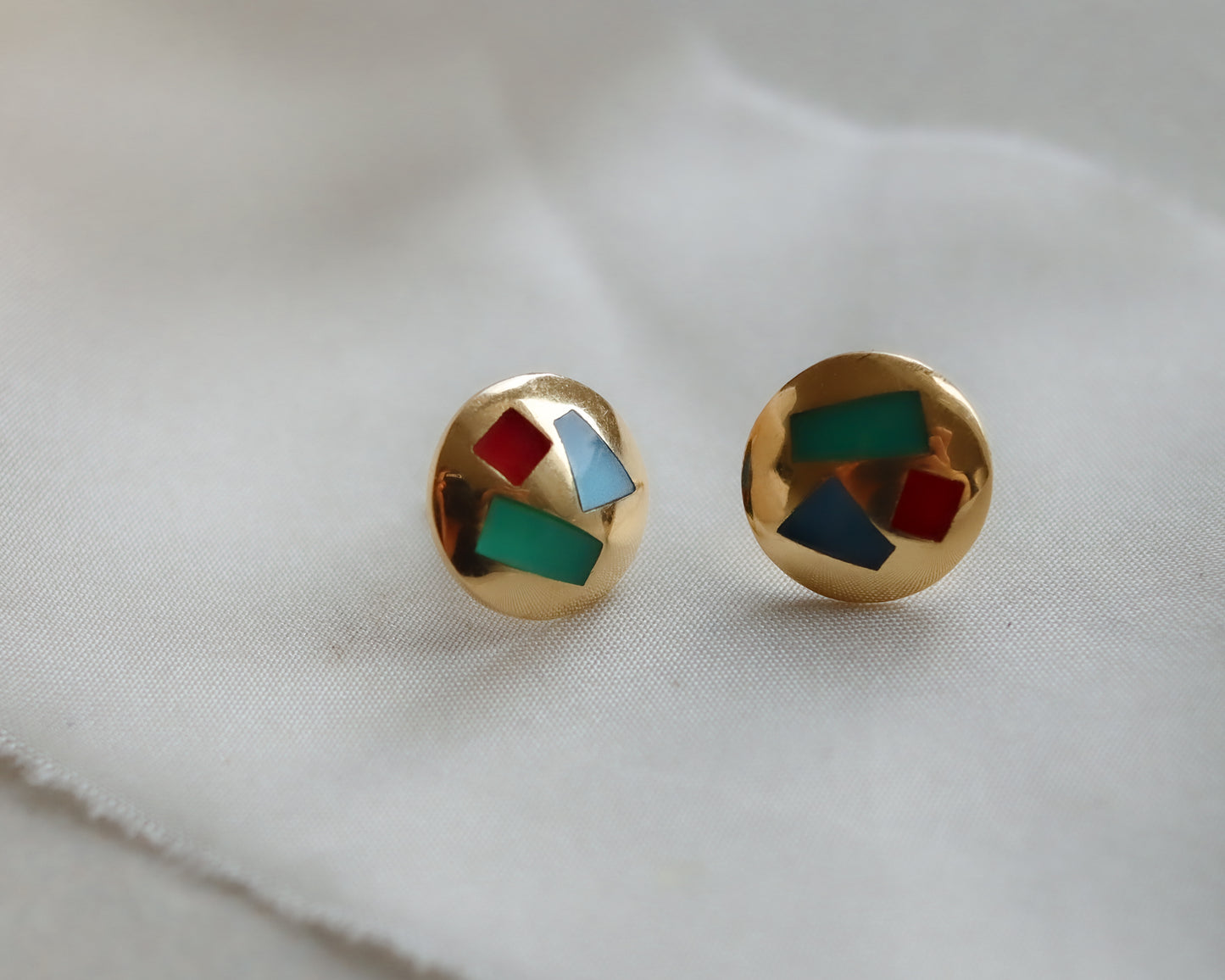 18ct Gold Gemstone Inlayed Geometric Disc Earrings