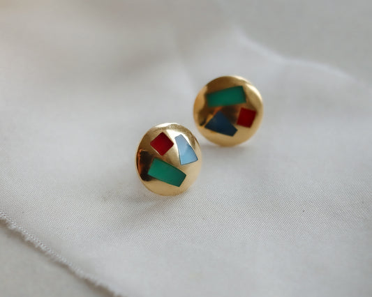 18ct Gold Gemstone Inlayed Geometric Disc Earrings