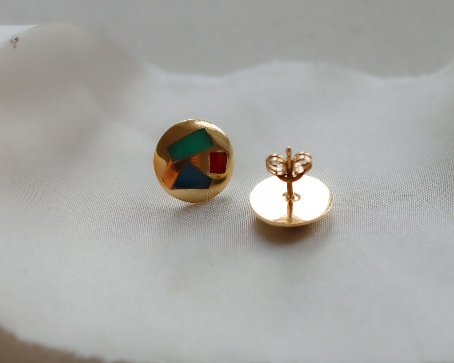 18ct Gold Gemstone Inlayed Geometric Disc Earrings