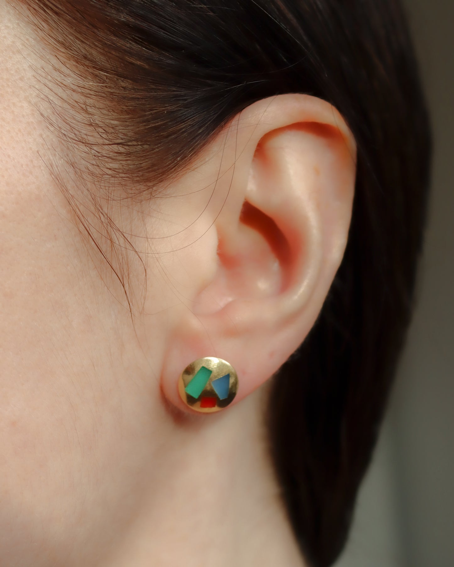 18ct Gold Gemstone Inlayed Geometric Disc Earrings