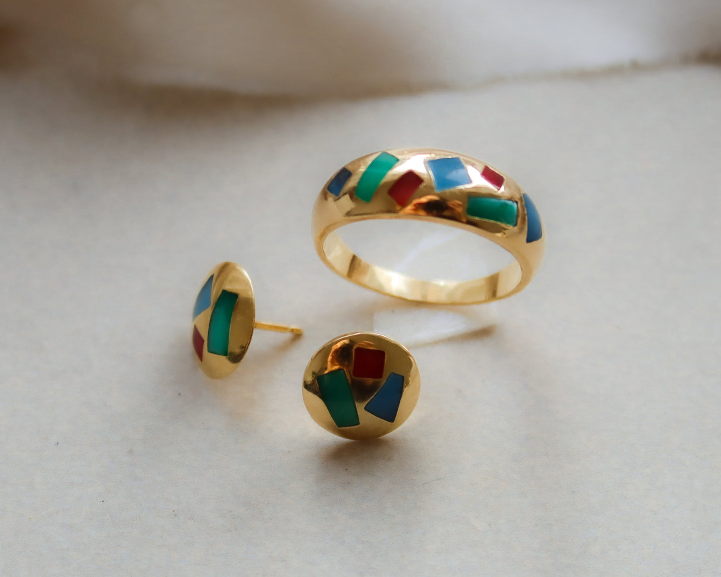 18ct Gold Gemstone Inlayed Geometric Disc Earrings