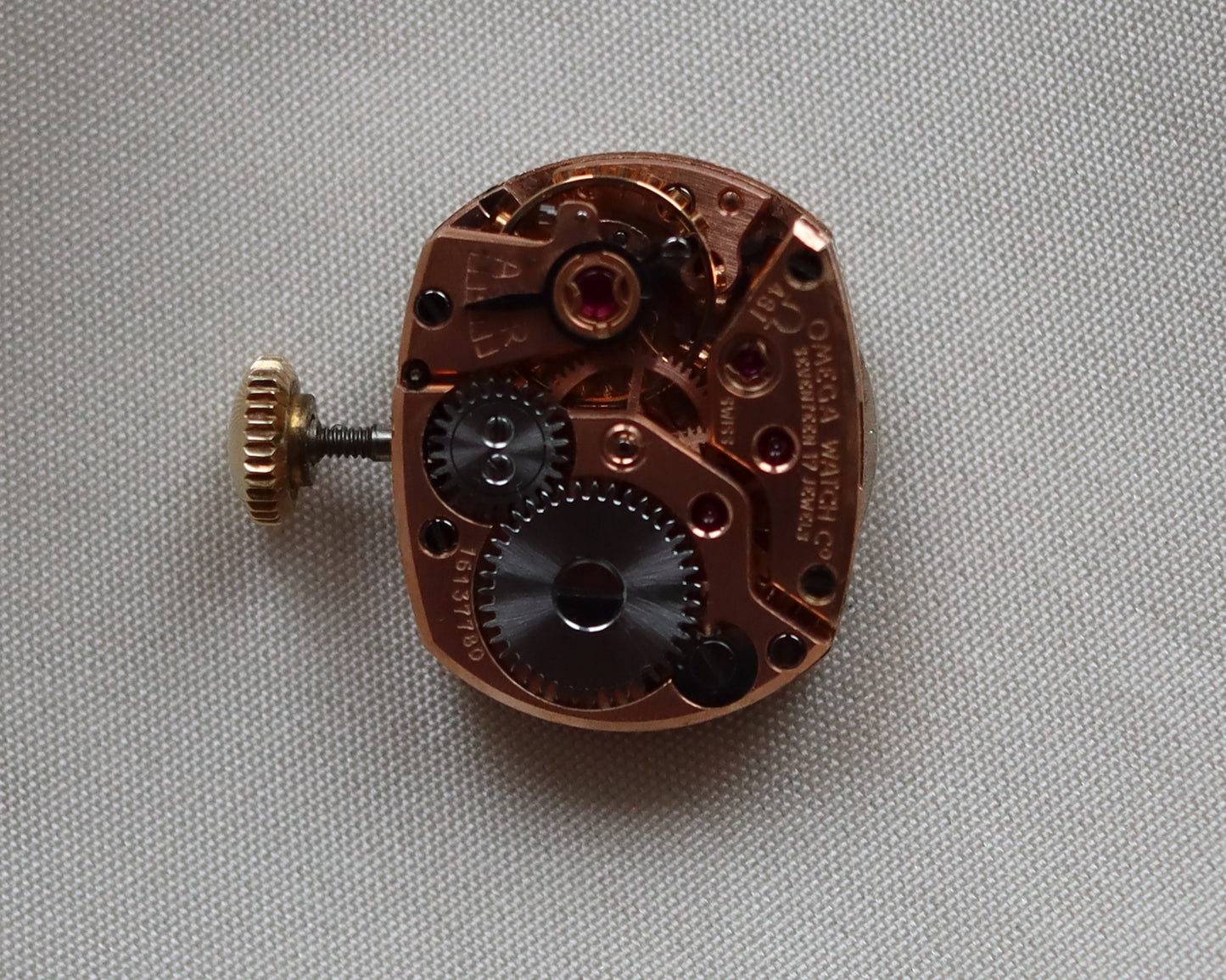 18ct gold Omega Saphette with black leather strap 1958