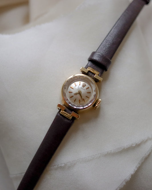 18ct gold Rolex Orchid brown leather watch - late 1960's