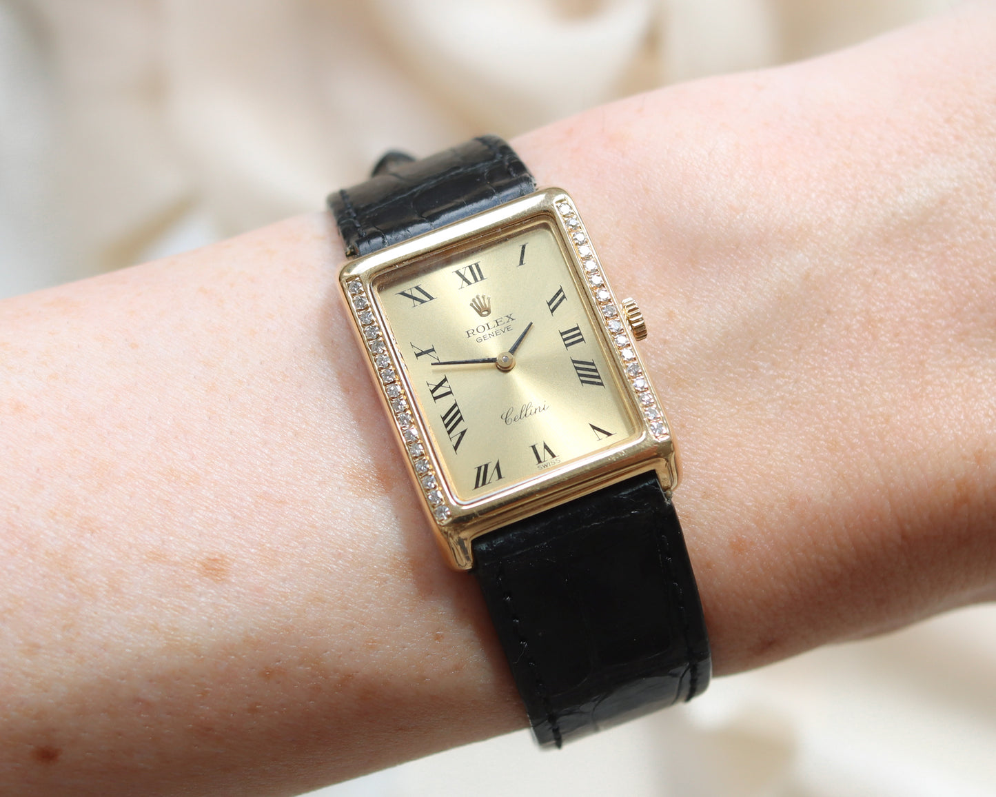 Super rare 18ct gold Rolex diamond Cellini Tank watch from the 1970's