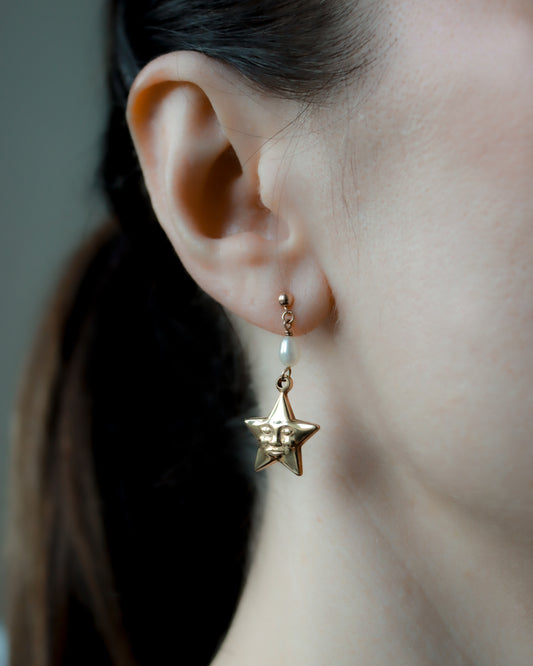 Vintage 9ct Gold Celestial Star & Pearl Drop Earrings
