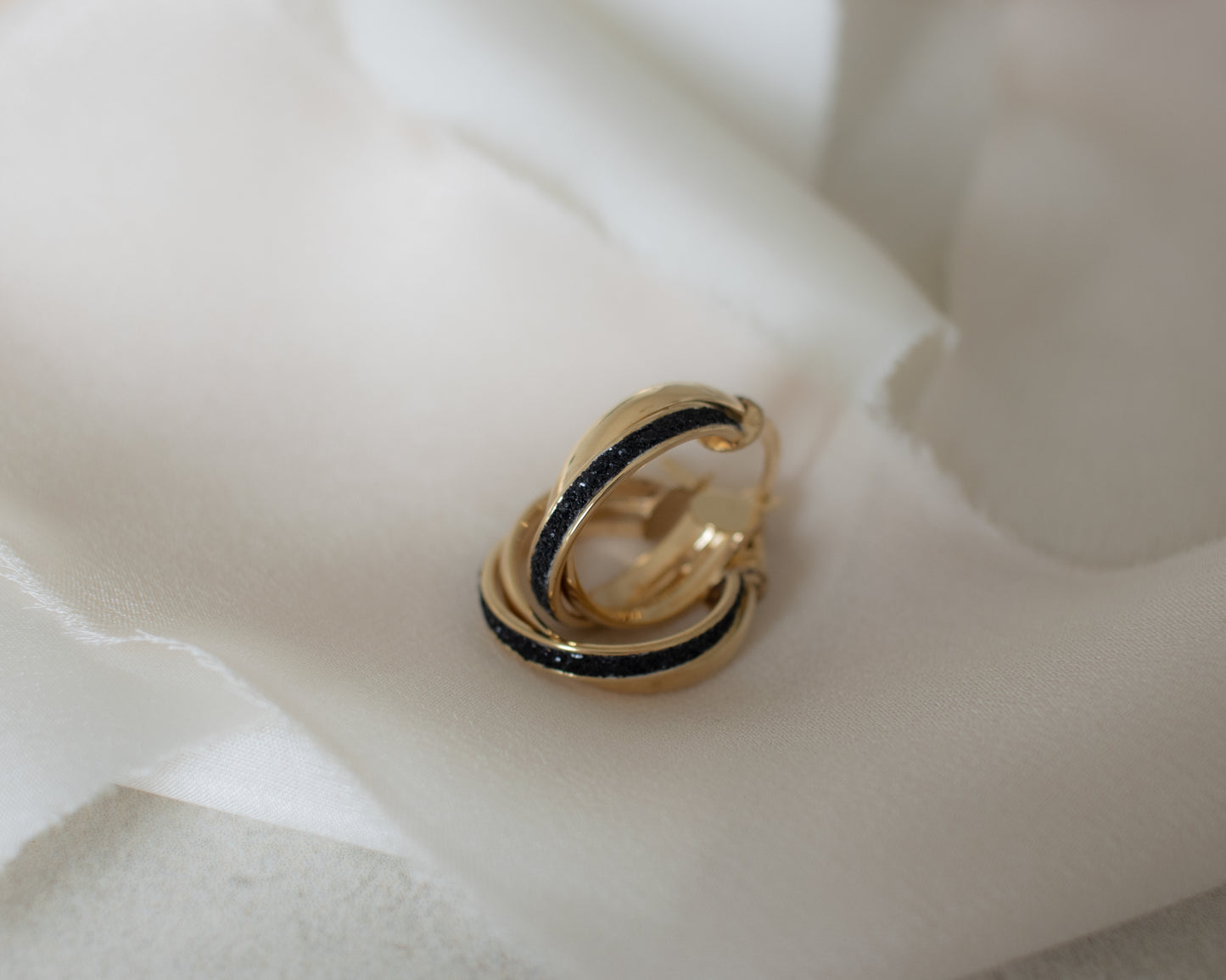 Vintage 9ct Gold Double Hoop Earrings with Black Enamel Inlay