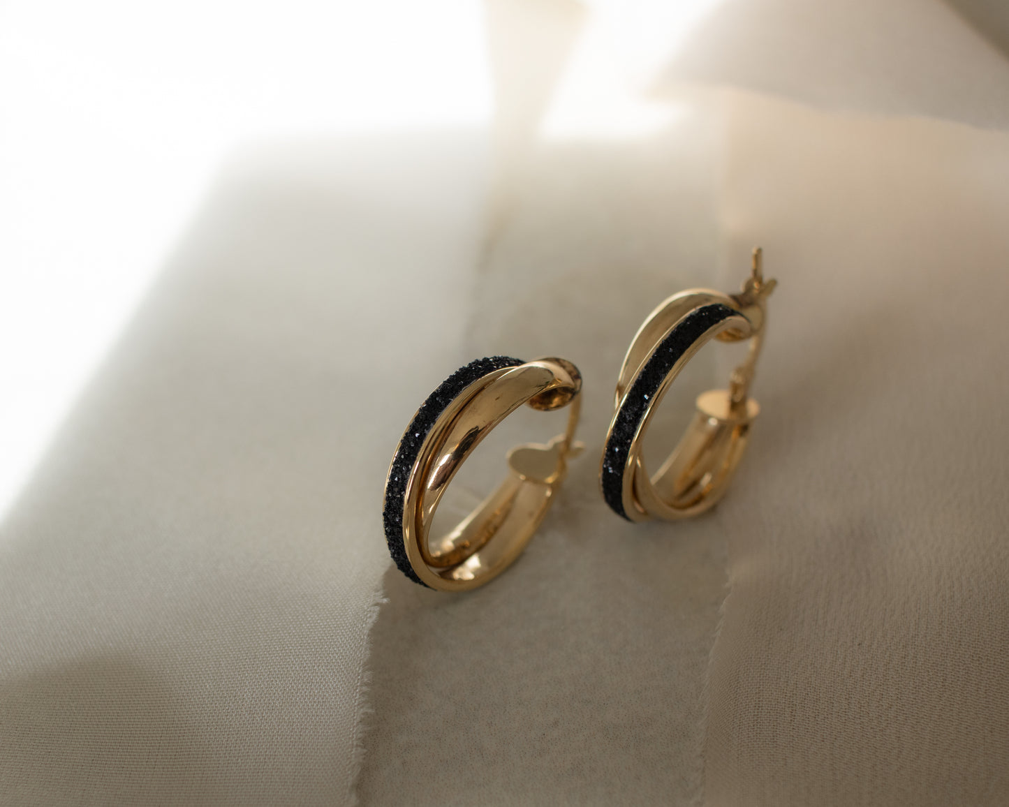 Vintage 9ct Gold Double Hoop Earrings with Black Enamel Inlay