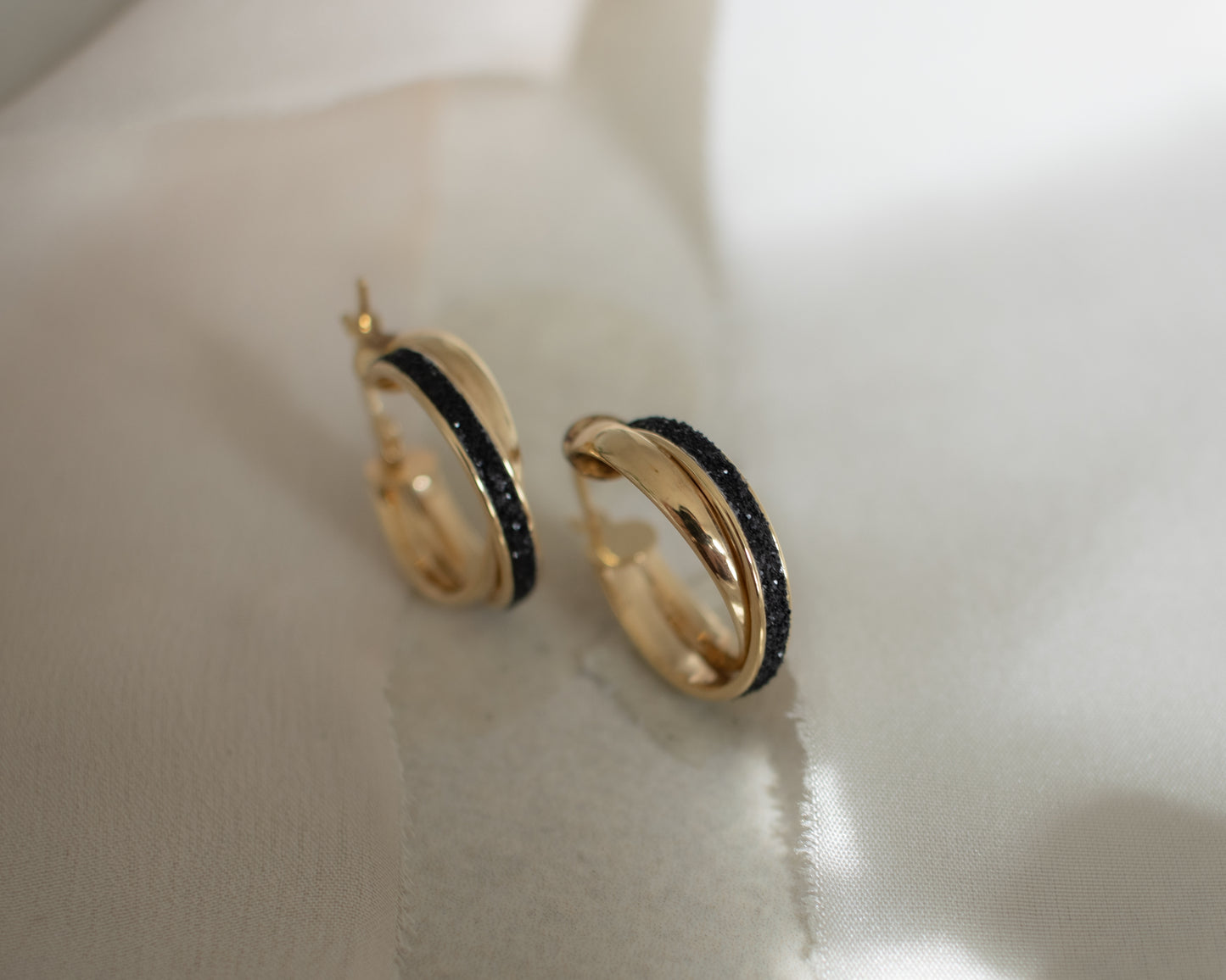 Vintage 9ct Gold Double Hoop Earrings with Black Enamel Inlay
