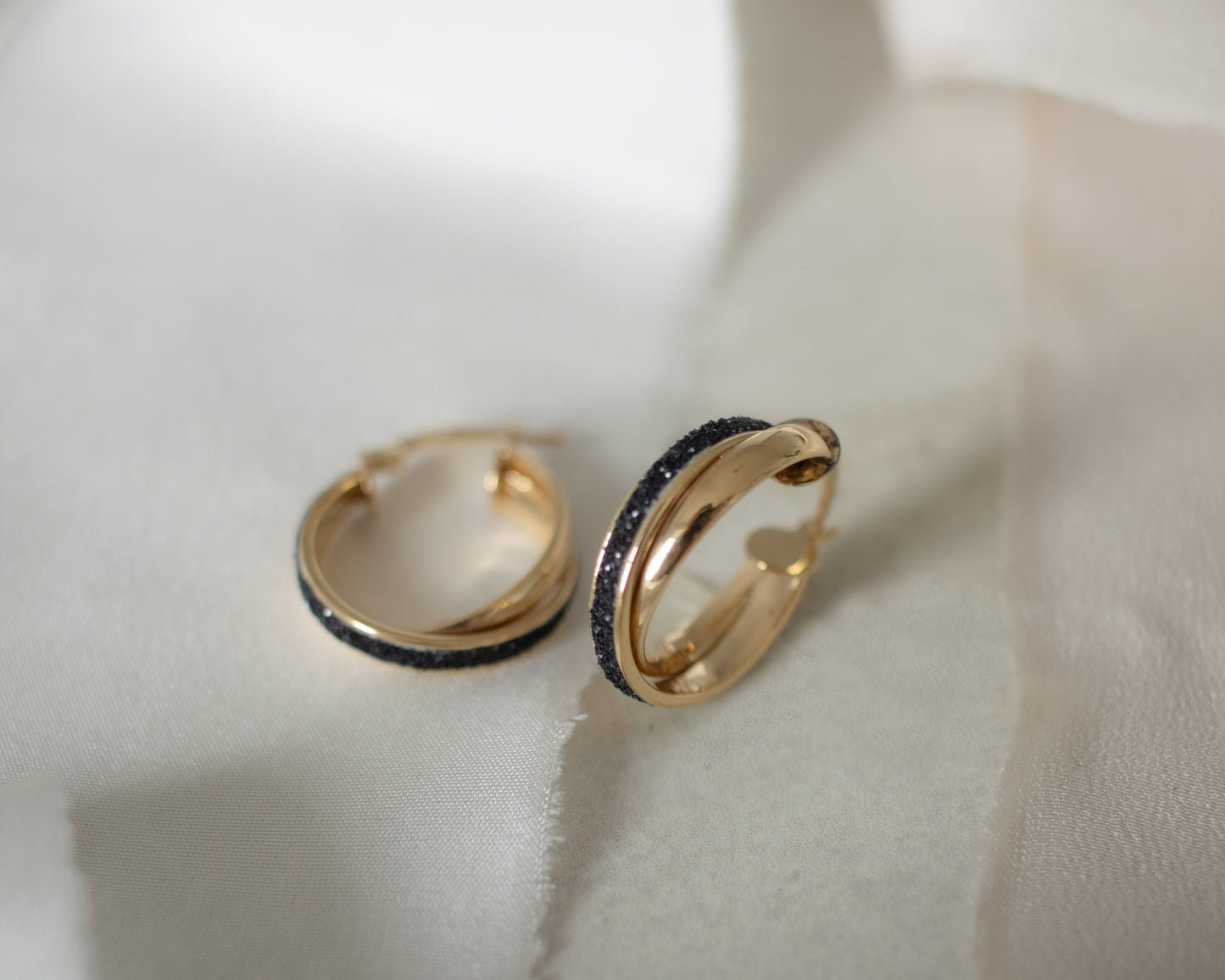 Vintage 9ct Gold Double Hoop Earrings with Black Enamel Inlay