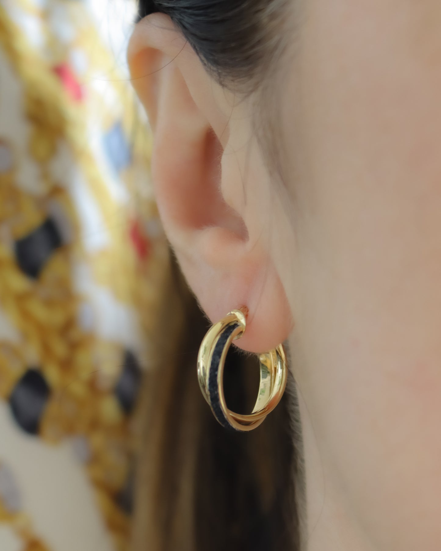 Vintage 9ct Gold Double Hoop Earrings with Black Enamel Inlay