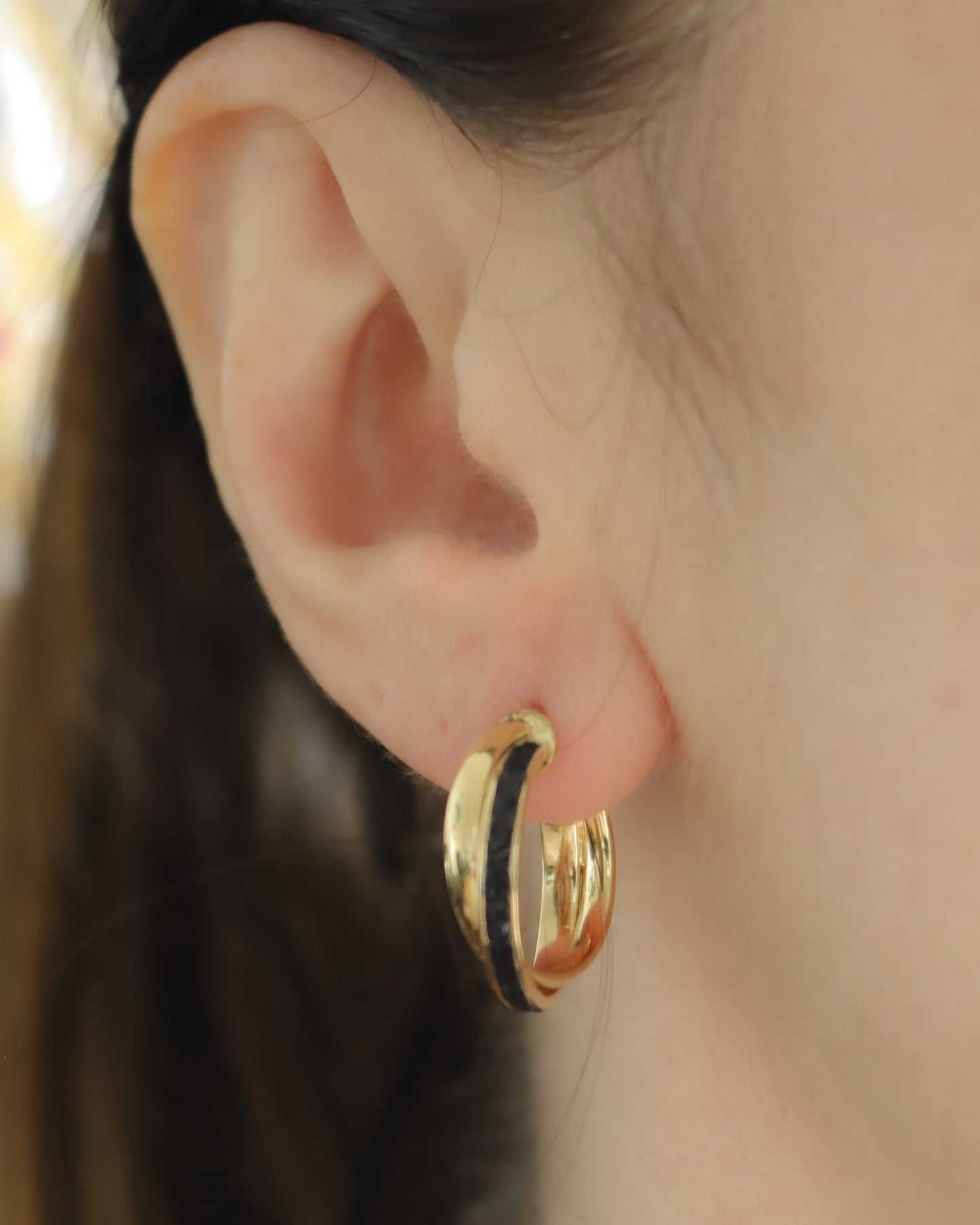 Vintage 9ct Gold Double Hoop Earrings with Black Enamel Inlay