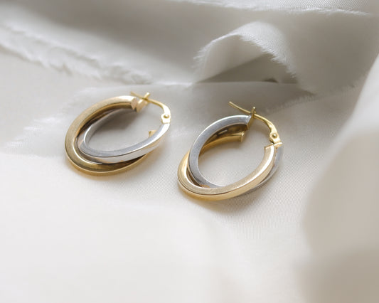 9ct gold bi-colour oval hoop earrings