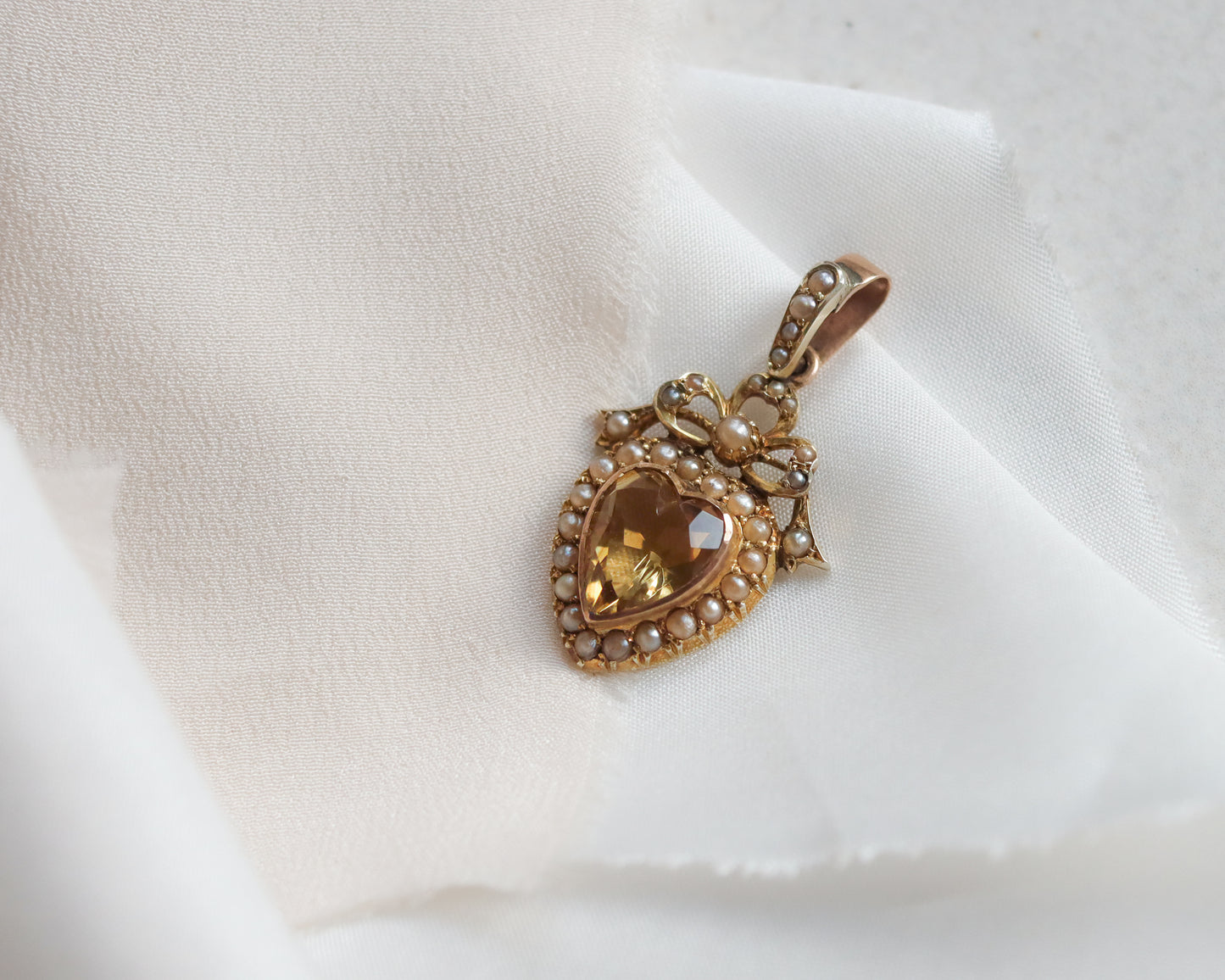 Antique Victorian Citrine & Seed Pearl Heart Pendant