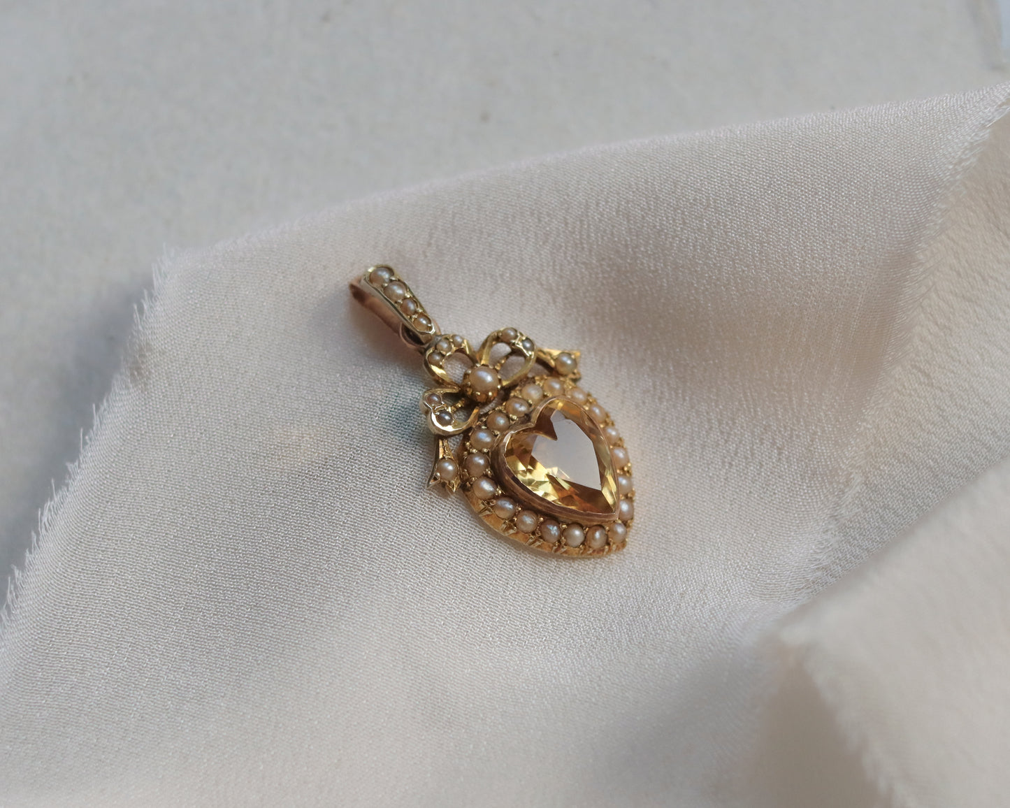 Antique Victorian Citrine & Seed Pearl Heart Pendant