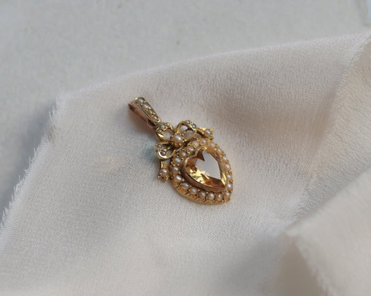 Antique Victorian Citrine & Seed Pearl Heart Pendant