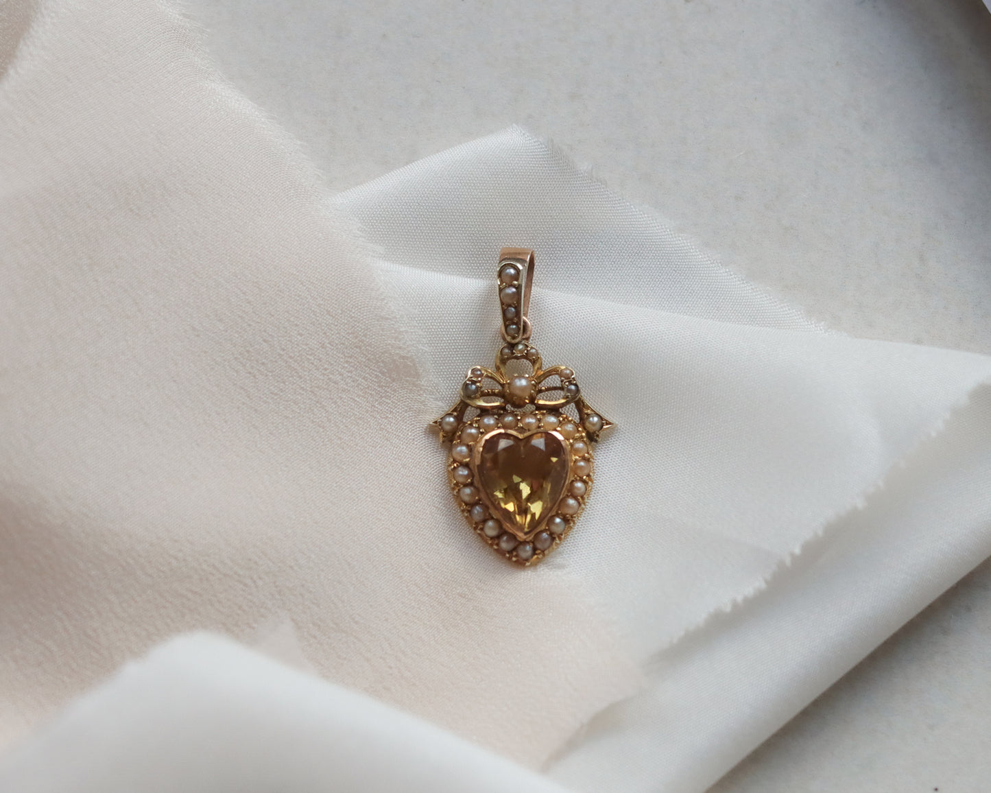 Antique Victorian Citrine & Seed Pearl Heart Pendant