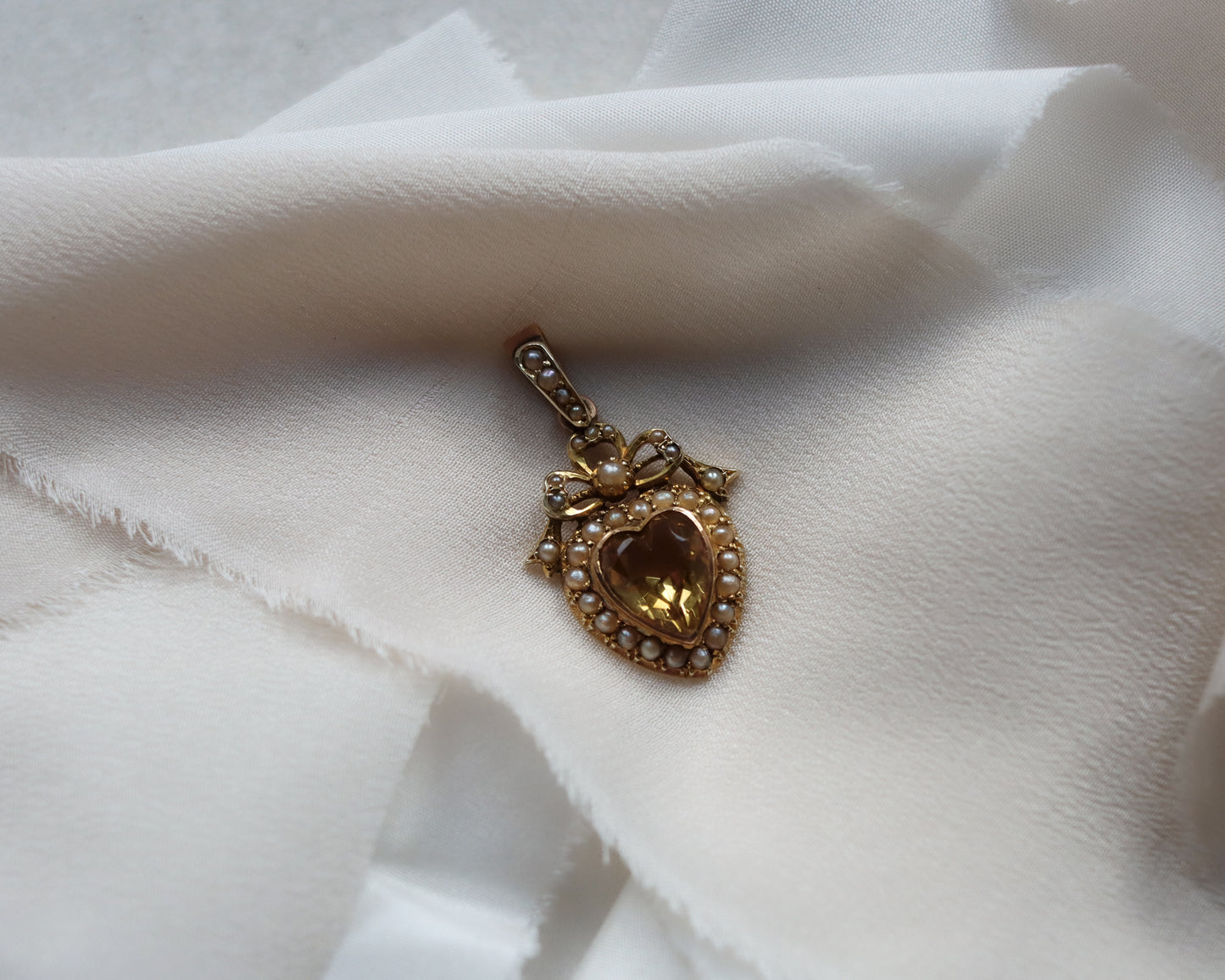 Antique Victorian Citrine & Seed Pearl Heart Pendant