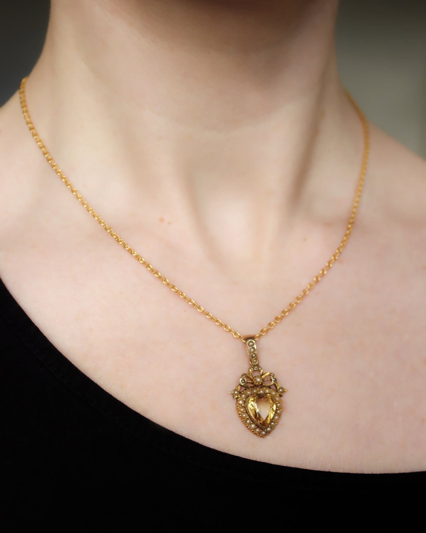 Antique Victorian Citrine & Seed Pearl Heart Pendant