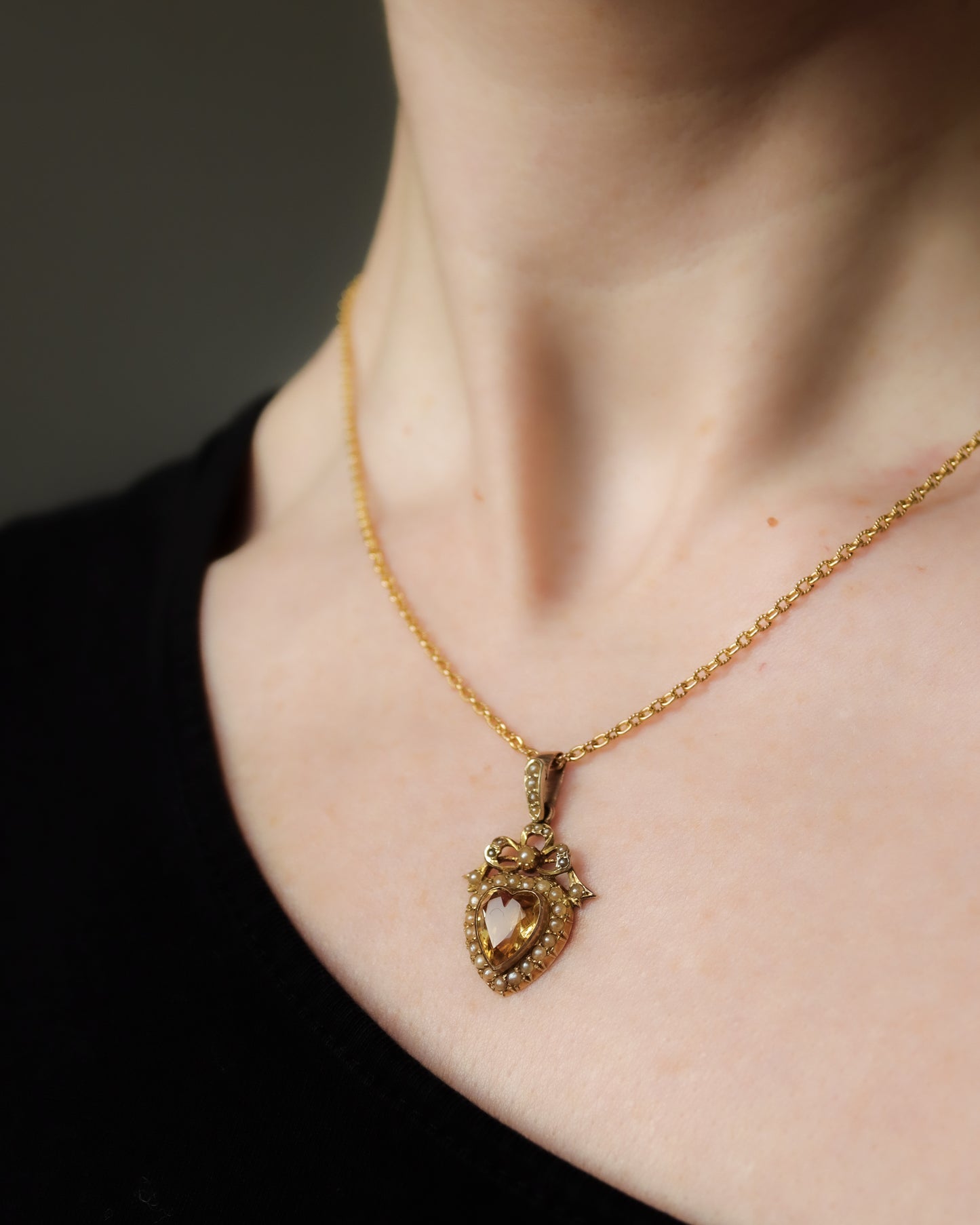 Antique Victorian Citrine & Seed Pearl Heart Pendant