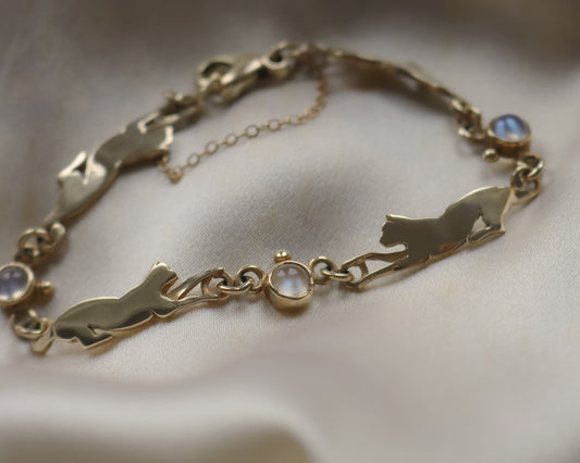 Vintage 9ct Gold Moonstone Cat Bracelet - 18cm