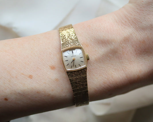 Omega 9ct Gold Ladies Cocktail Watch with Textured Bracelet - 1971