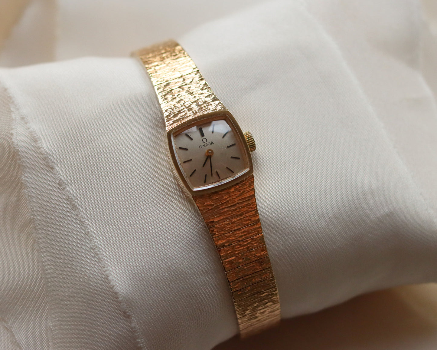Omega 9ct Gold Ladies Cocktail Watch with Textured Bracelet - 1971