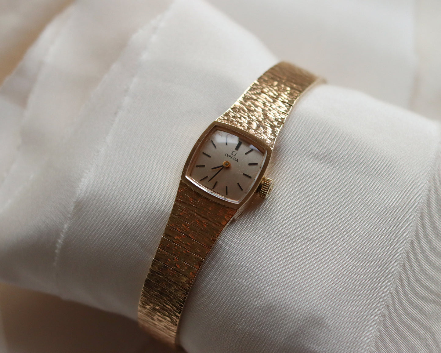Omega 9ct Gold Ladies Cocktail Watch with Textured Bracelet - 1971