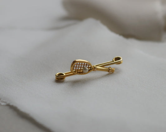 Antique 9ct Gold Tennis Racket Brooch with Natural Pearl