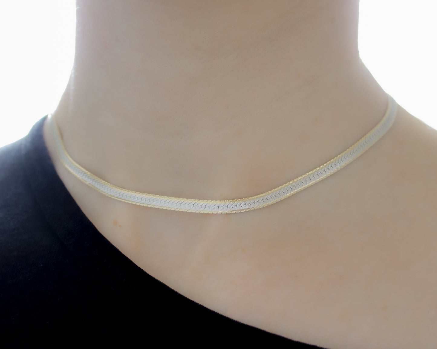 flat link herringbone necklace in 9ct white and yellow gold