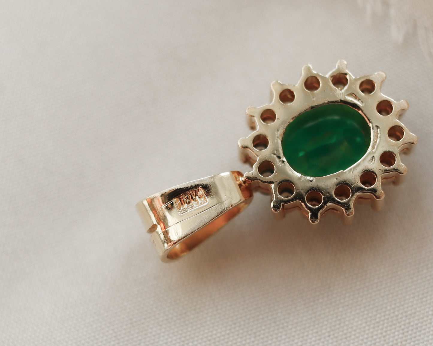 Vintage 18ct Yellow Gold Emerald & Diamond Pendant - excluding chain